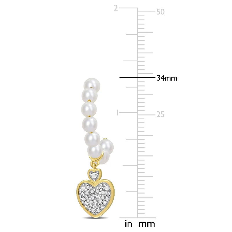 Best hoop earrings with intricate beaded details for a textured, stylish appearance-Miadora 4mm Cultured Freshwater Pearl Diamond Accent Heart Earrings 10k Yellow Gold