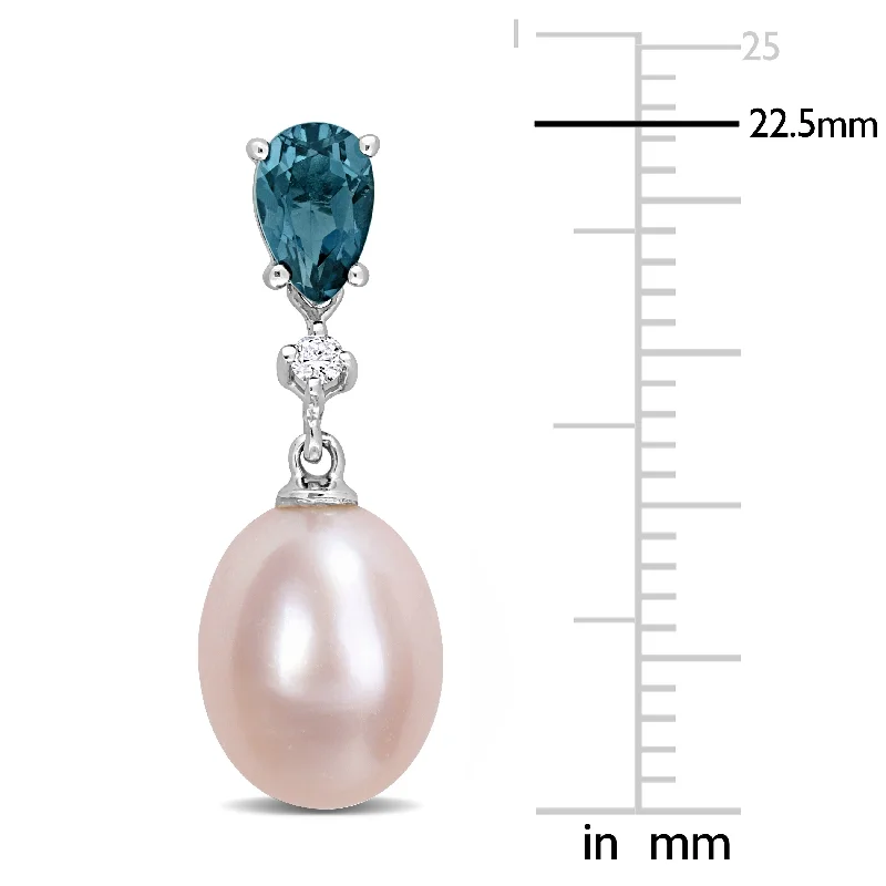 Best hoop earrings with butterfly motifs for a playful and whimsical appearance-Miadora Cultured Freshwater Pink Pearl 1ct TGW Blue Topaz Diamond Accent Earrings 10k White Gold