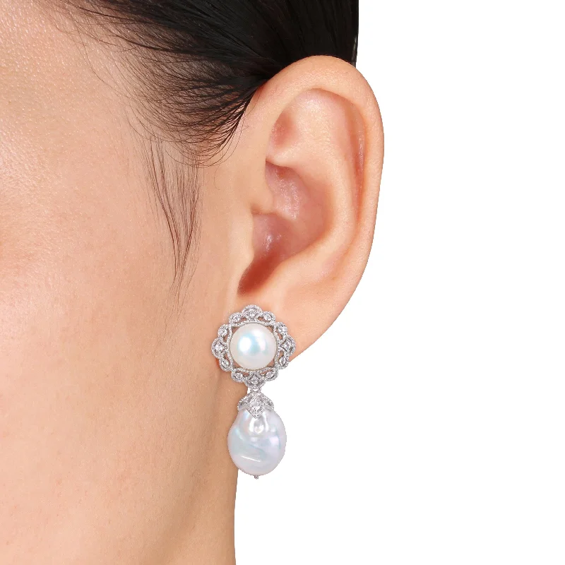 Best hoop earrings with angel wing accents for a spiritual and meaningful design-Miadora White Cultured Freshwater Pearl 7/8ct TGW White Topaz Pearl Earrings Sterling Silver