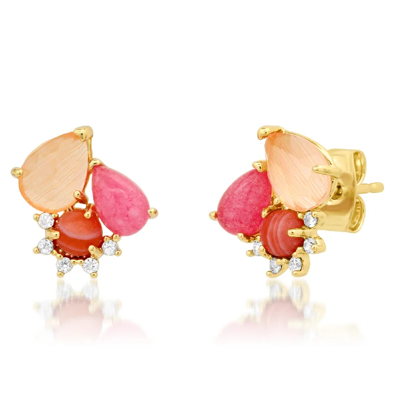 Best hoop earrings with vintage rhinestone embellishments for a retro-glam effect-Mixed Stone Cluster Stud- Pink