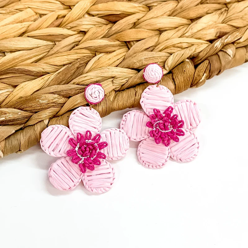 Hoop earrings with intricate designs for a unique and artistic appearance-Oopsie Daisy Raffia Wrapped Flower Earrings in Baby Pink