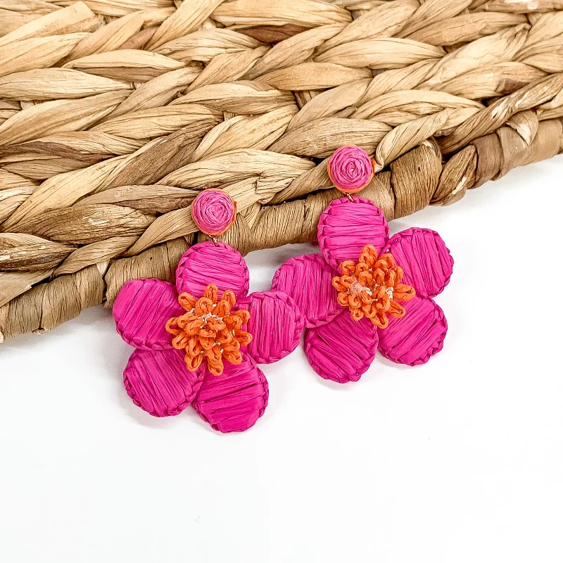 Stylish hoop earrings with diamond accents for an elegant and sparkling effect-Oopsie Daisy Raffia Wrapped Flower Earrings in Hot Pink