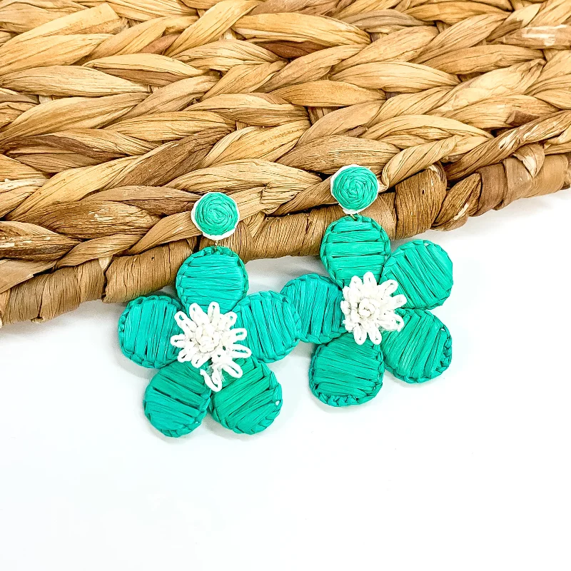 Hoop earrings with polished silver finish for a shiny, modern appeal-Oopsie Daisy Raffia Wrapped Flower Earrings in Turquoise