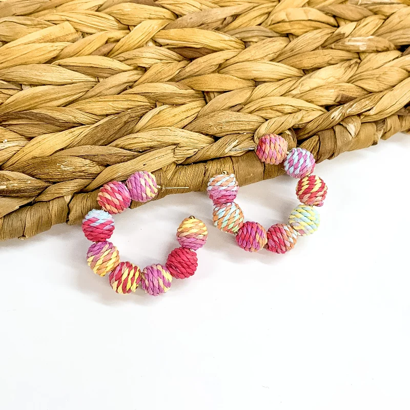 Best hoop earrings with crescent-shaped designs for a bold, moon-inspired style-Raffia Ball Hoop Earrings in Pastel Multicolored