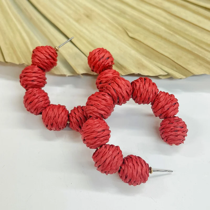 Hoop earrings with removable pendants for a versatile and customizable accessory-Raffia Ball Hoop Earrings in Red