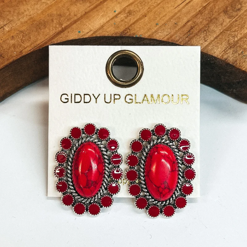 Best hoop earrings with hammered gold for a rustic yet elegant look-Faux Red Stone Concho Post Earrings