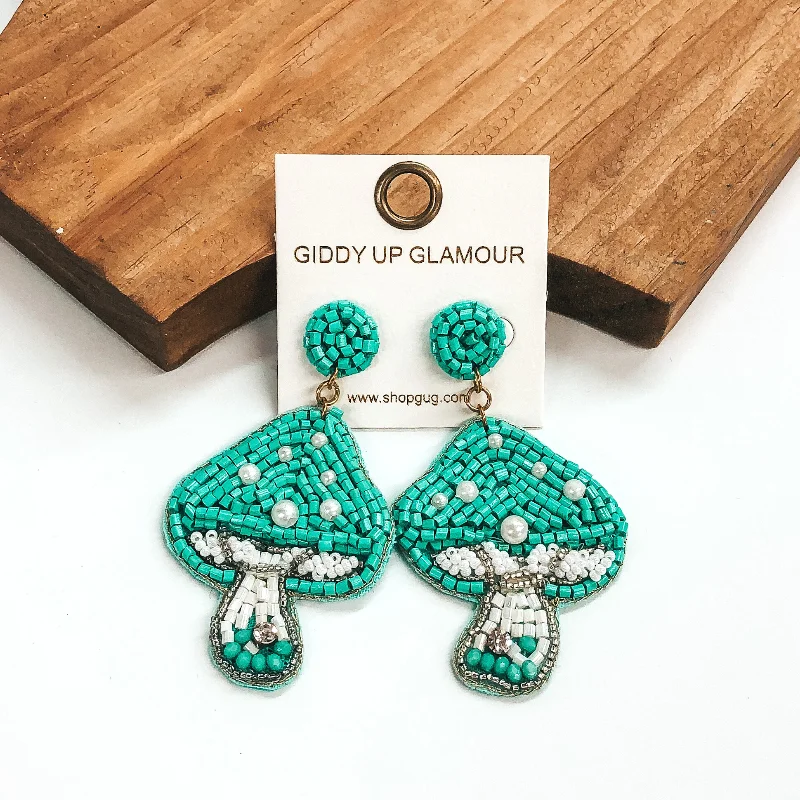 Best hoop earrings with enamel details for a colorful and modern look-Seed Beaded Mushroom Earrings in Turquoise