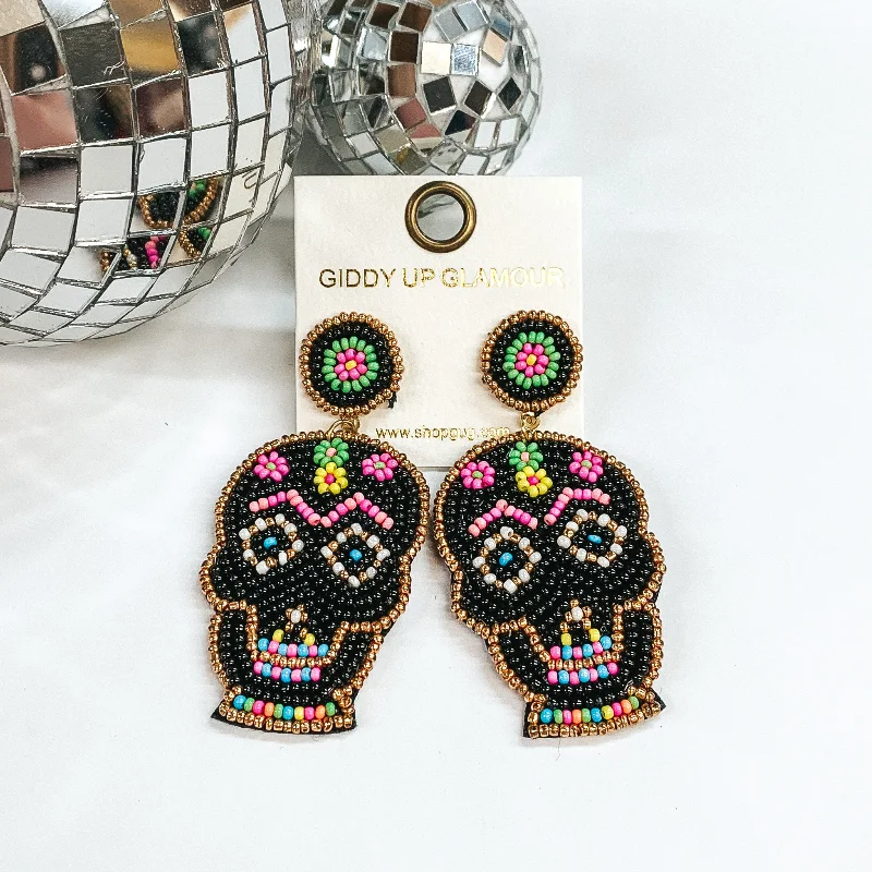 Hoop earrings with textured gold for a refined and sophisticated aesthetic-Seedbeaded Sugar Skull Post Earrings in Black