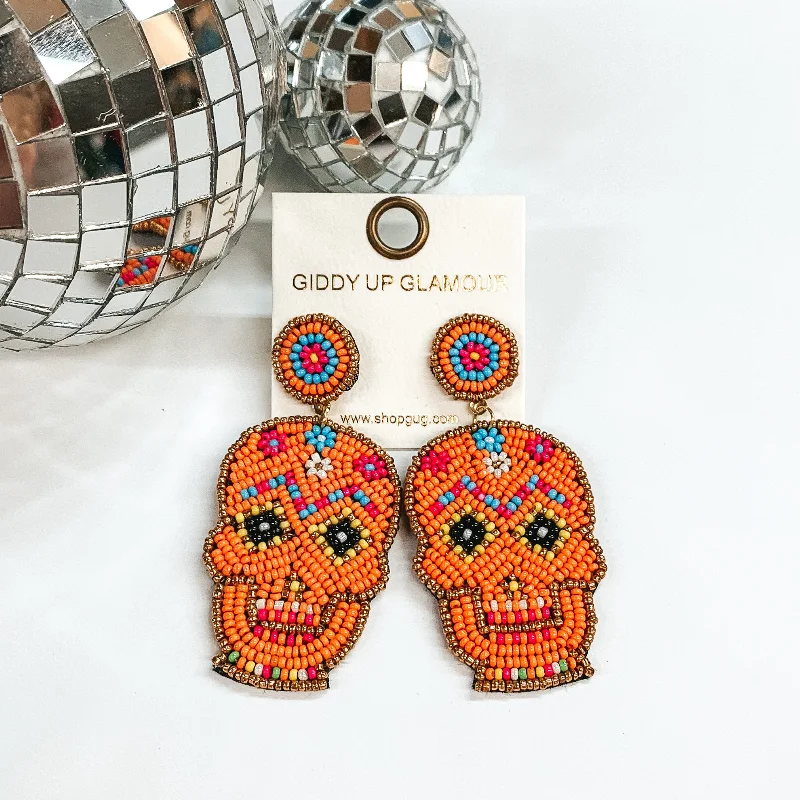 Hoop earrings with heart-shaped frames for a romantic and feminine look-Seedbeaded Sugar Skull Post Earrings in Orange