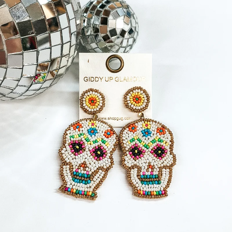 Hoop earrings with tortoiseshell designs for a chic and classic style-Seedbeaded Sugar Skull Post Earrings in White