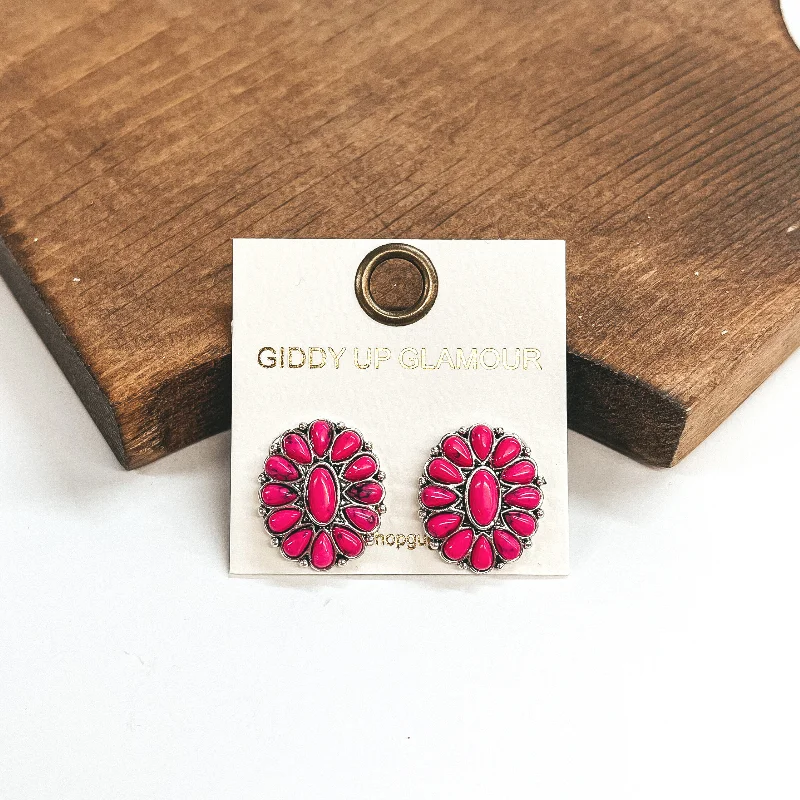 Best hoop earrings with custom designs for a personalized, unique accessory-Silver Tone Concho Cluster Oval Earrings in Pink