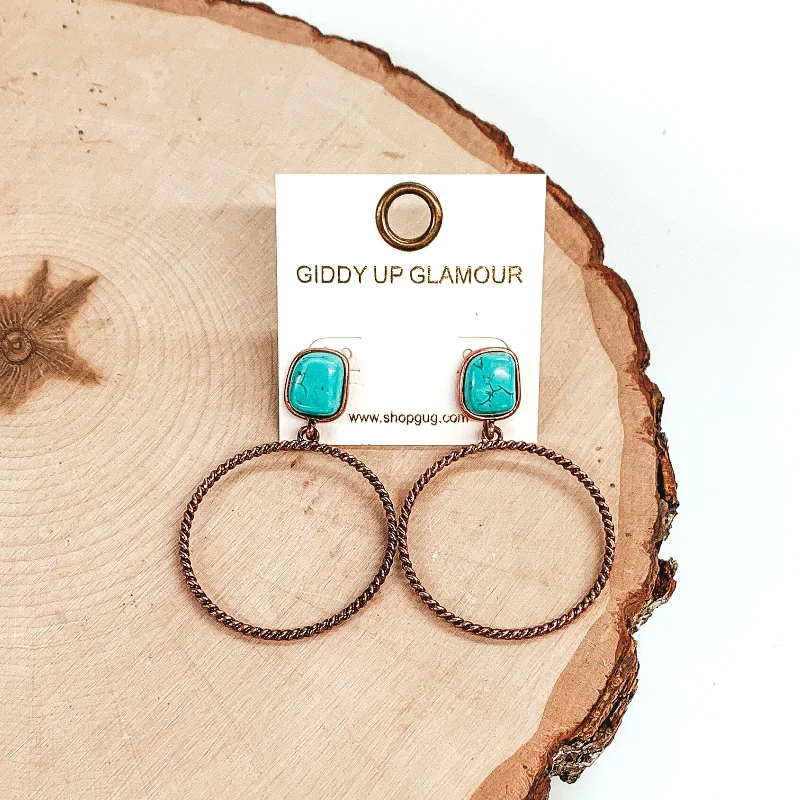 Best hoop earrings with geometric hexagon shapes for a modern, angular look-Soulful Look Circle Drop and Stone Post Copper Tone Earrings in Turquoise