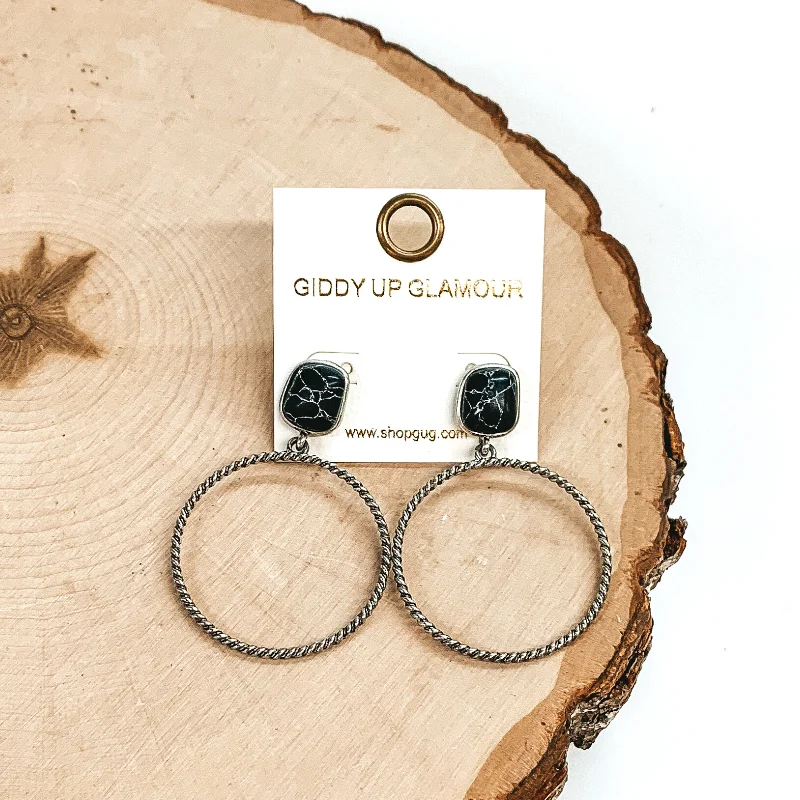 Best hoop earrings with minimal embellishments for a sleek and modern look-Soulful Look Circle Drop and Stone Post Silver Earrings in Black