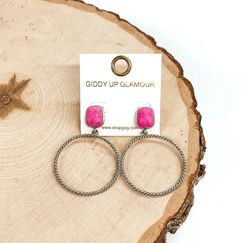 Hoop earrings with snake print designs for an edgy, wild appearance-Soulful Look Circle Drop and Stone Post Silver Earrings in Pink