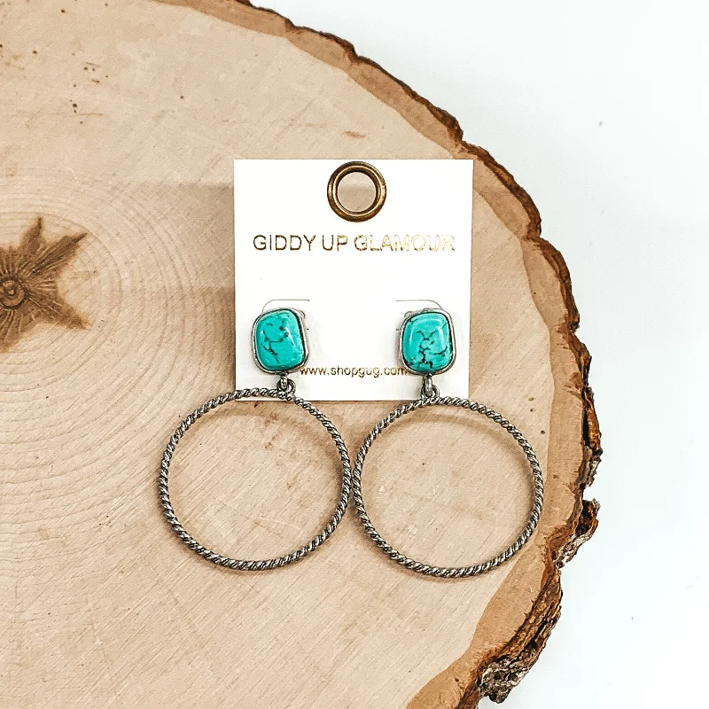 Hoop earrings with heart-shaped frames for a romantic and feminine look-Soulful Look Circle Drop and Stone Post Silver Earrings in Turquoise