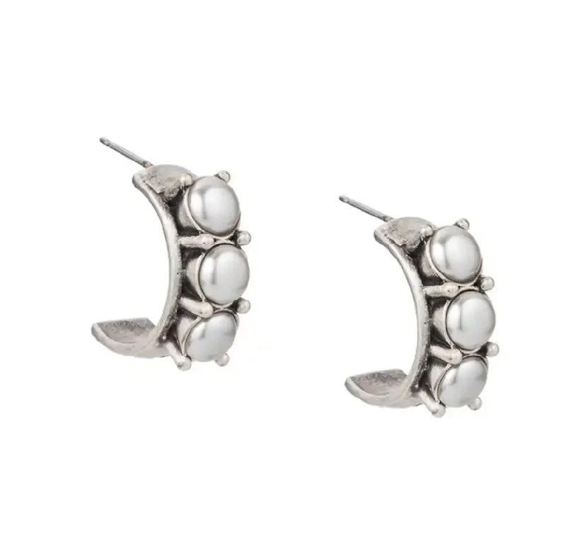 Best hoop earrings with twisted rope designs for a nautical-inspired style-Sterling Clad Austrian Crystal Huggie - Pearl