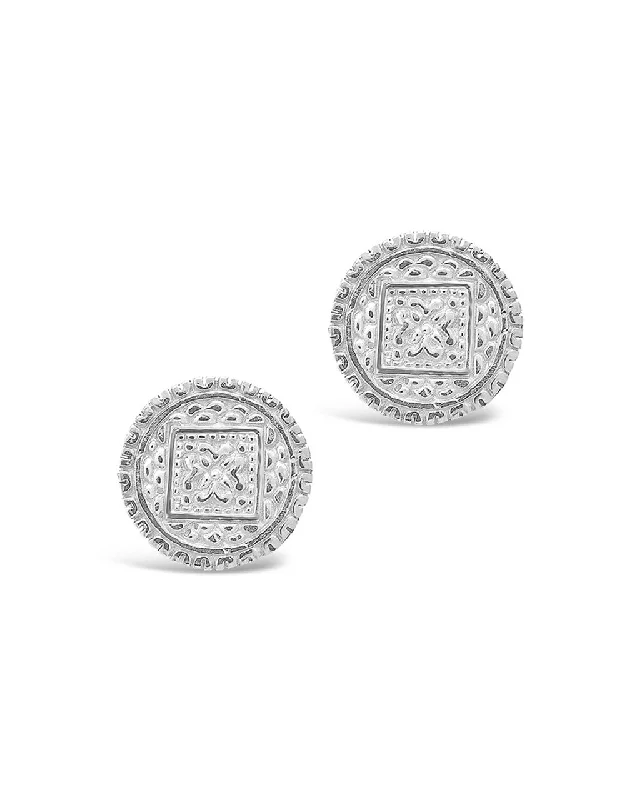 Hoop earrings with leather accents for a sleek and bold combination-Sterling Silver Engraved Disk Studs