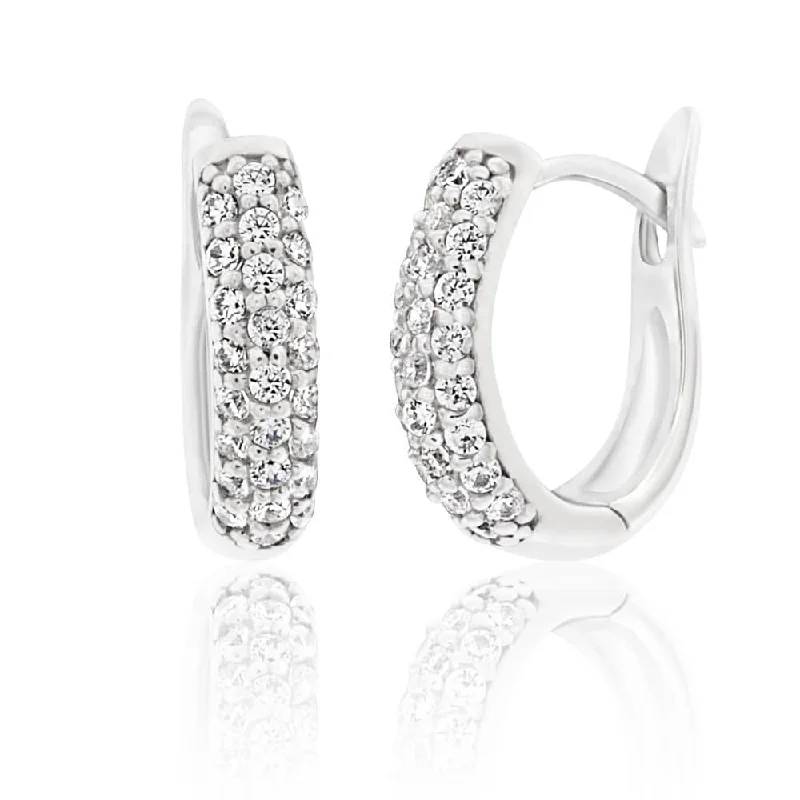 Best hoop earrings with snake chain details for a sleek and modern touch-Sterling Silver Rhodium Plated Cubic Zirconia Pave Huggies Hoop Earrings