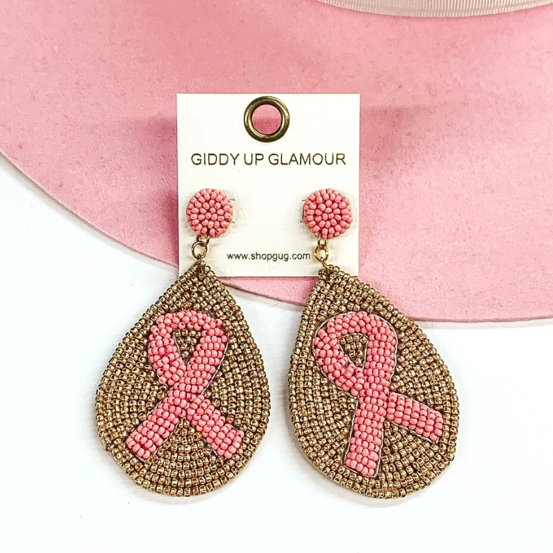 Hoop earrings with faceted crystals for added sparkle and shine-Teardrop Seed Beaded Pink Ribbon Earrings in Gold