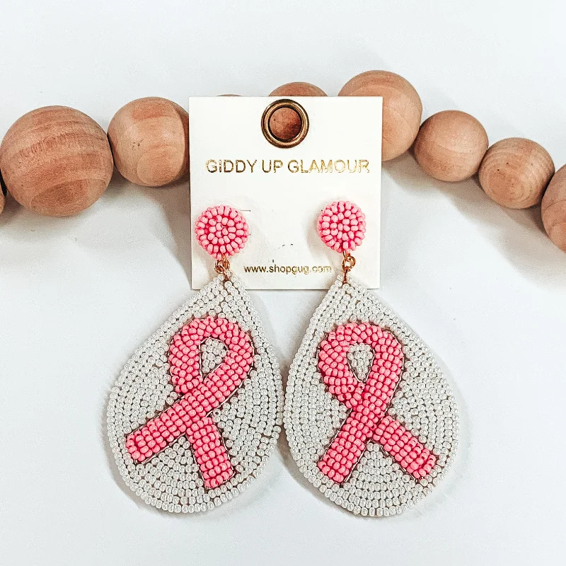 Best hoop earrings with detachable studs for a versatile and adjustable accessory-Teardrop Seed Beaded Pink Ribbon Earrings in White