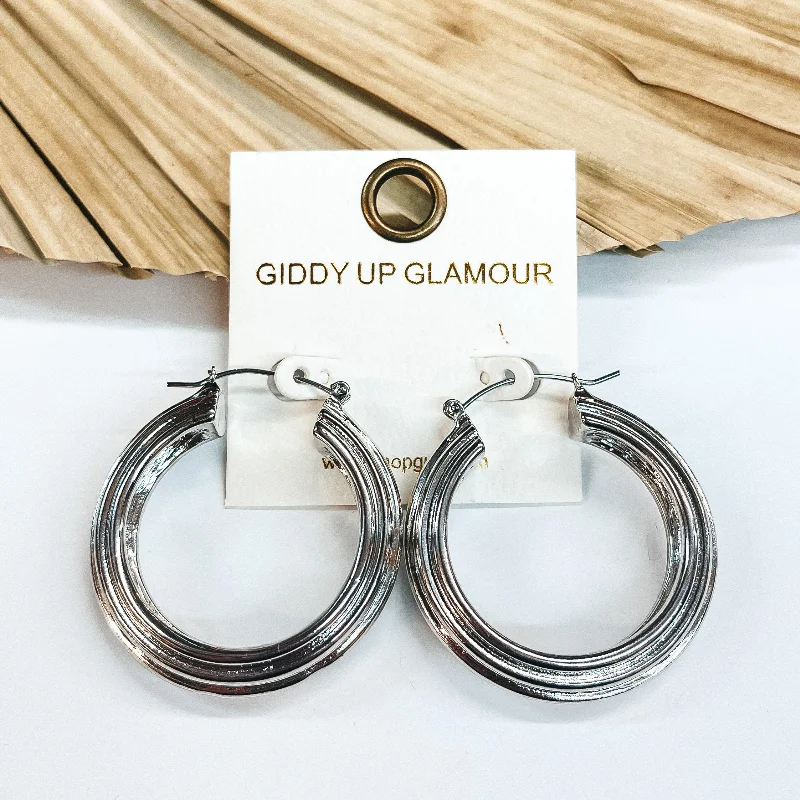 Hoop earrings with twisted leather for a chic and modern boho look-Night In The City Thick Textured Lined Hoops in Silver