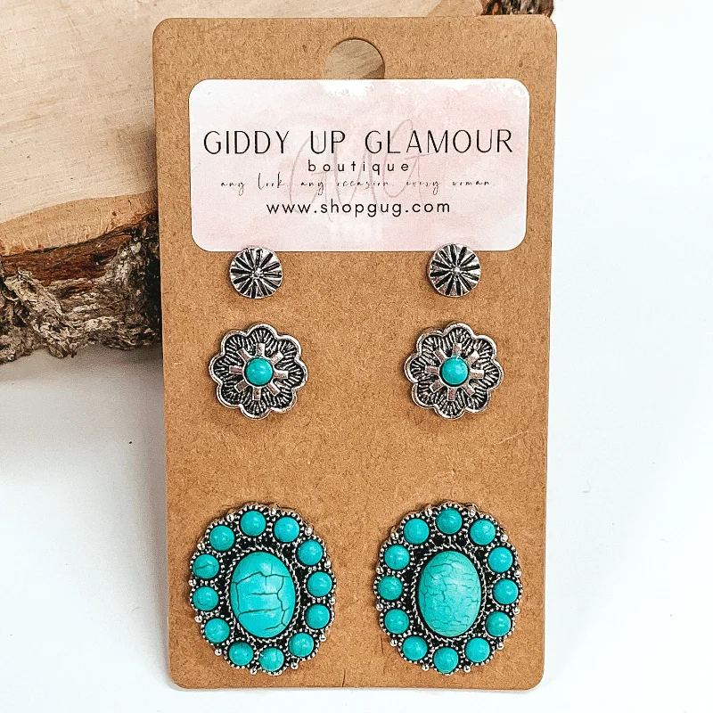 Hoop earrings with twisted leather for a chic and modern boho look-Western Concho Stone Earring Set in Turquoise